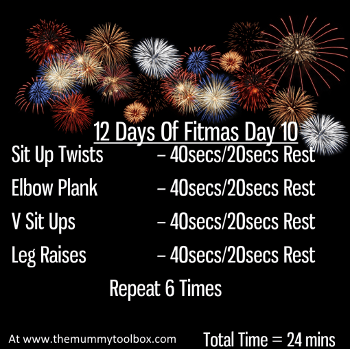 The 12 Days of Fitmas - Day 10 - repeat of above text workout in saveable image on black background with fireworks