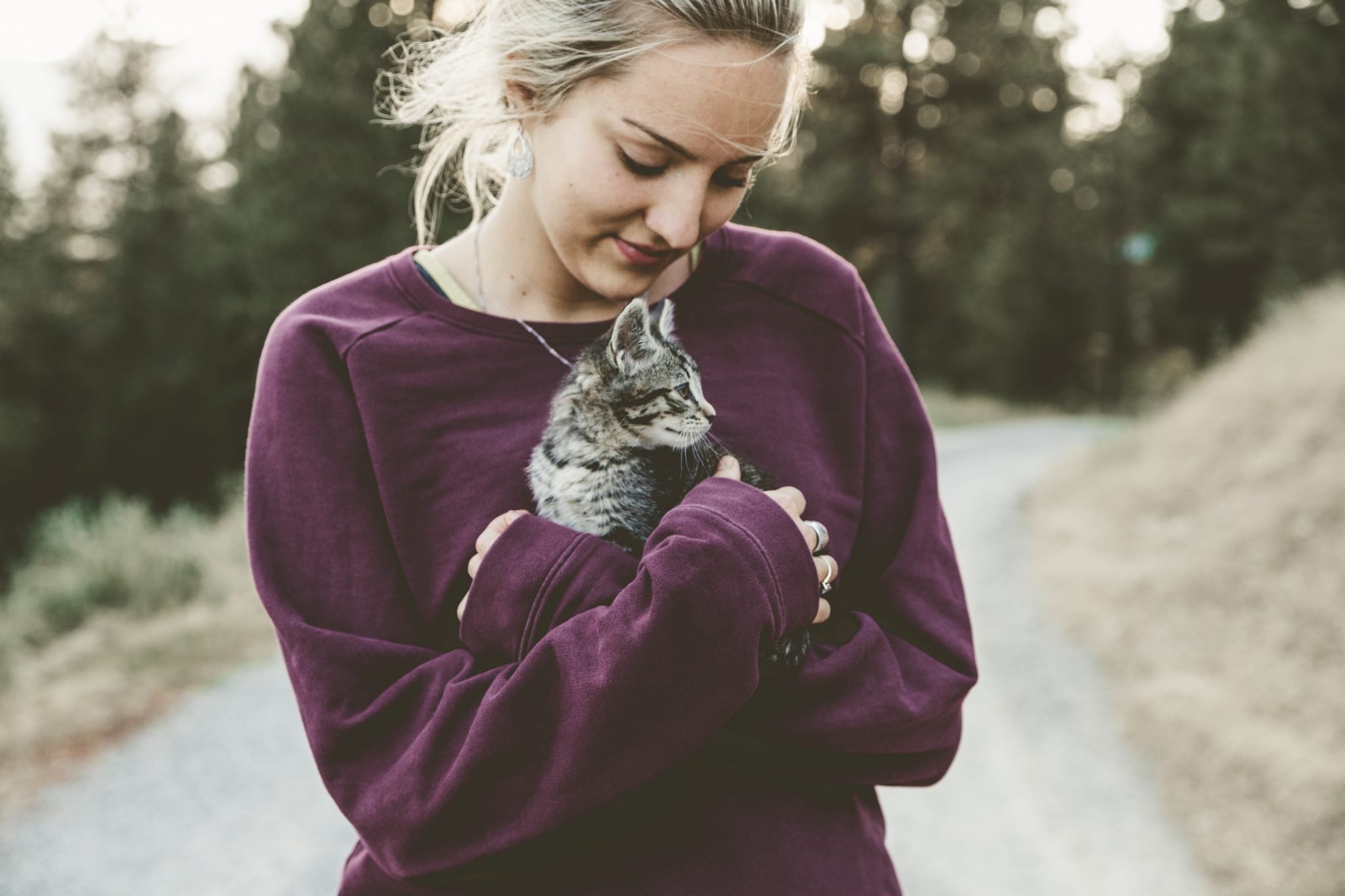 woman in purple jumper cuddling tabby kitten on a road with trees in the background